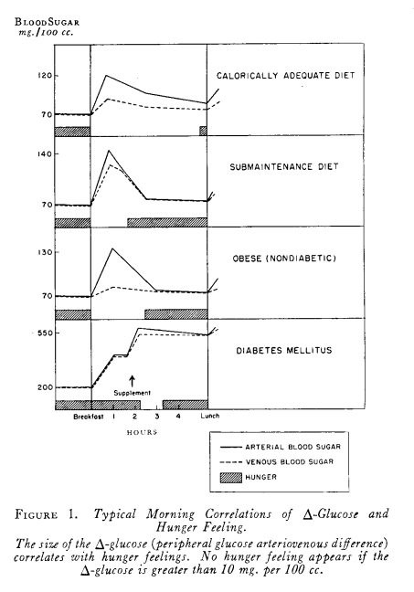 Morning blood-glucose patterns and hunger: historical charts.