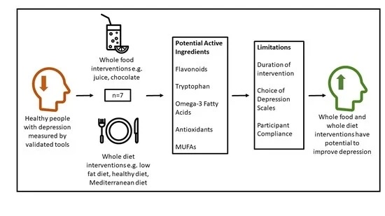 Diagram summarizing whole-food and whole-diet interventions studied in relation to depressive symptoms.